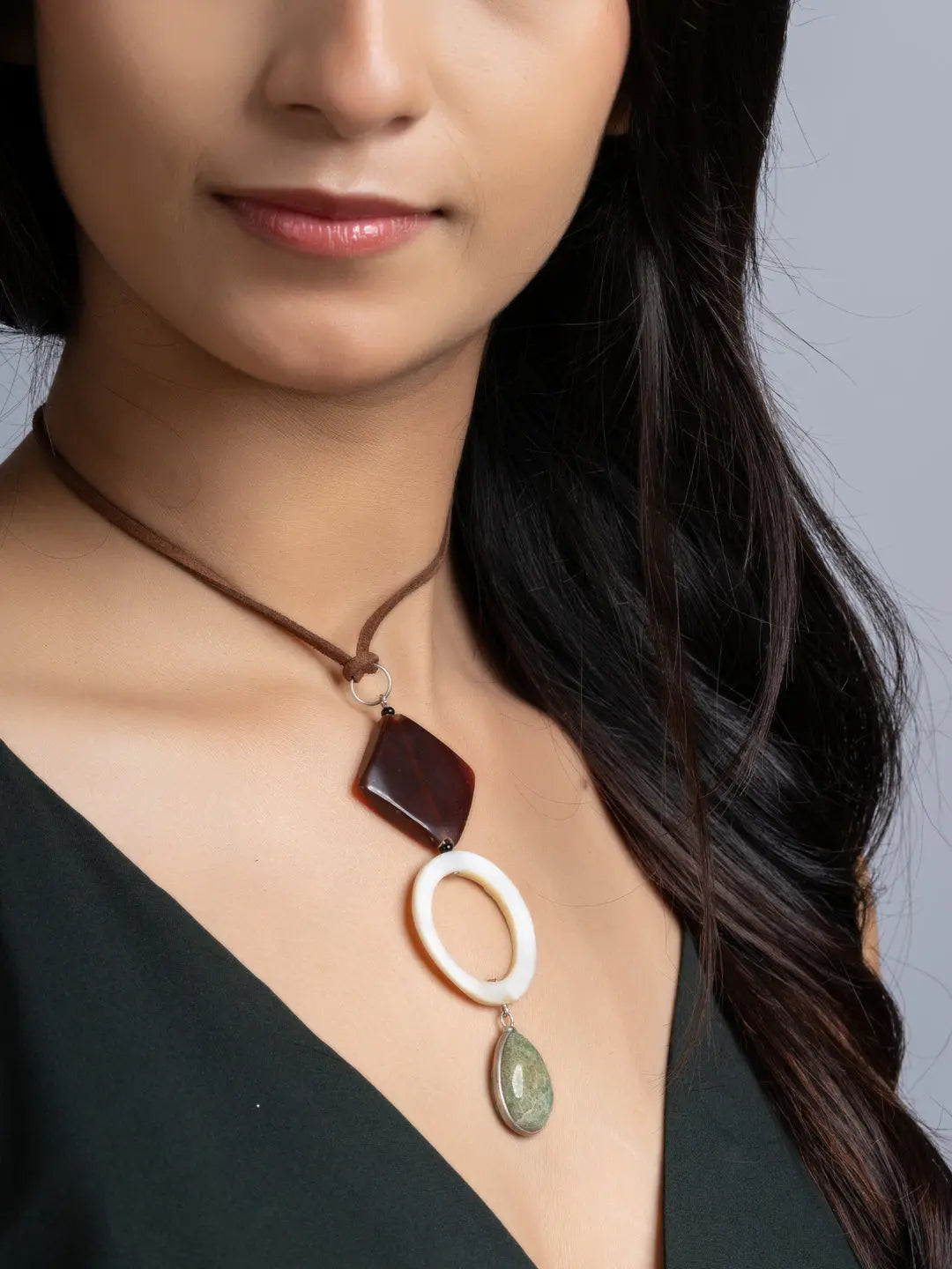Brown White Green Onyx Agate Mother Of Pearl Sleek Necklace With Adjustable Suede Cord LOOK AND ADORN - designed for you