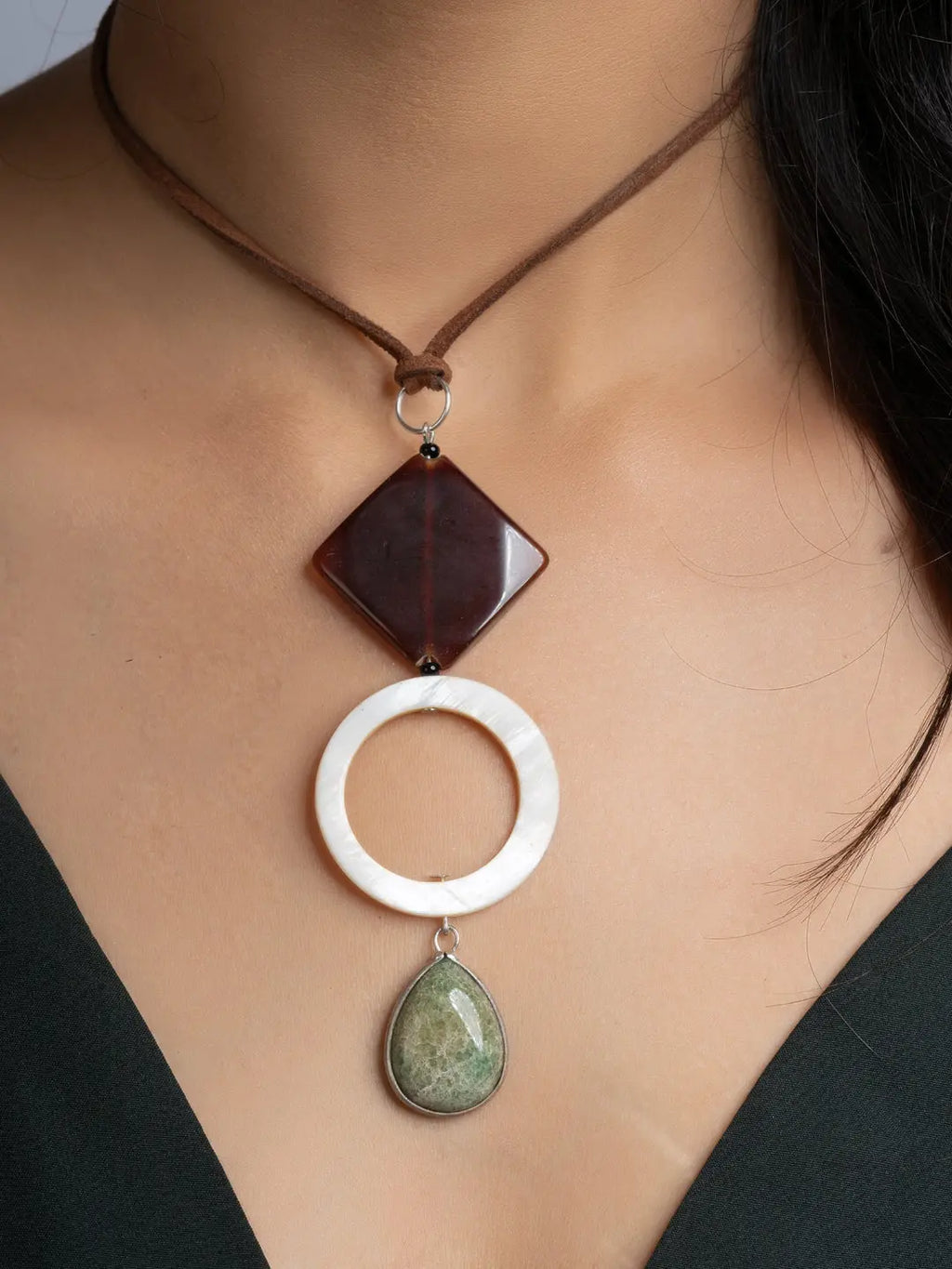 Brown White Green Onyx Agate Mother Of Pearl Sleek Necklace With Adjustable Suede Cord LOOK AND ADORN - designed for you