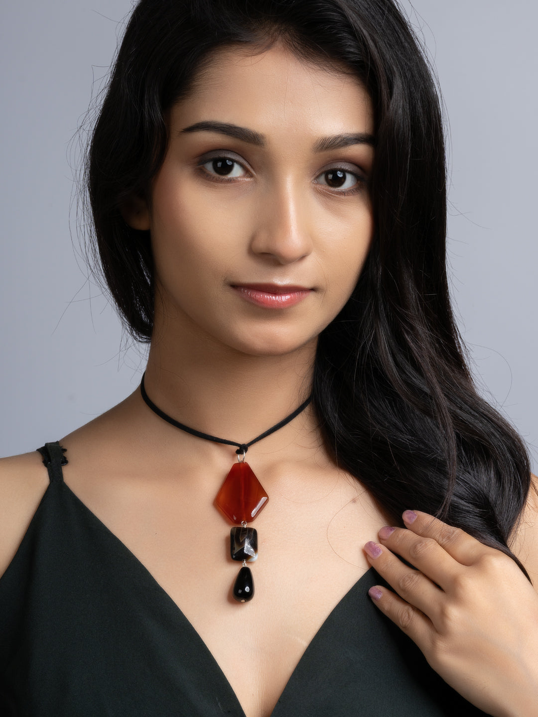 Brown Black Onyx Agate Sleek Necklace With Adjustable Suede Cord
