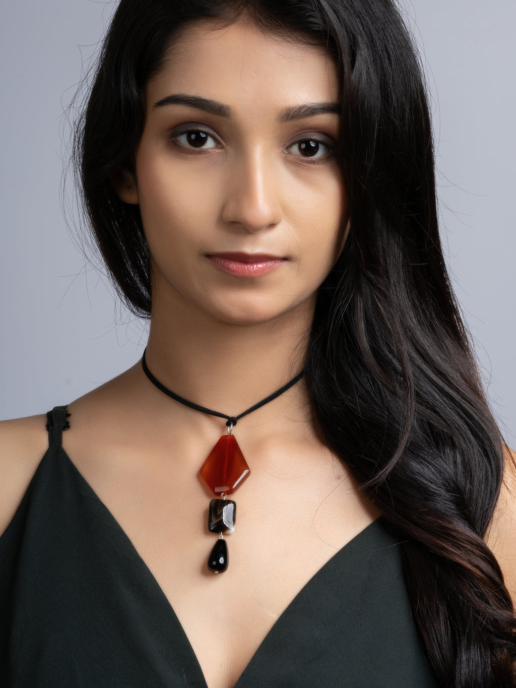 Brown Black Onyx Agate Sleek Necklace With Adjustable Suede Cord