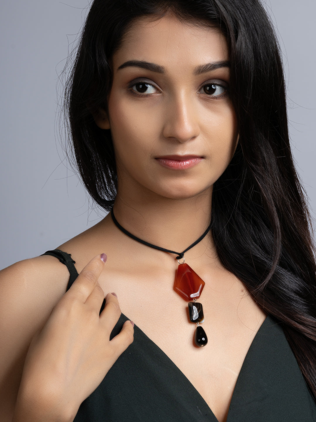 Brown Black Onyx Agate Sleek Necklace With Adjustable Suede Cord