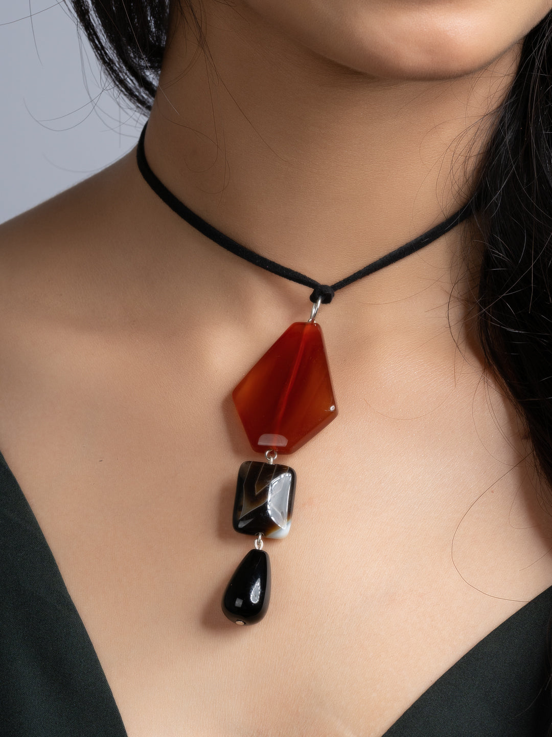 Brown Black Onyx Agate Sleek Necklace With Adjustable Suede Cord