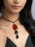 Brown Black Onyx Agate Sleek Necklace With Adjustable Suede Cord