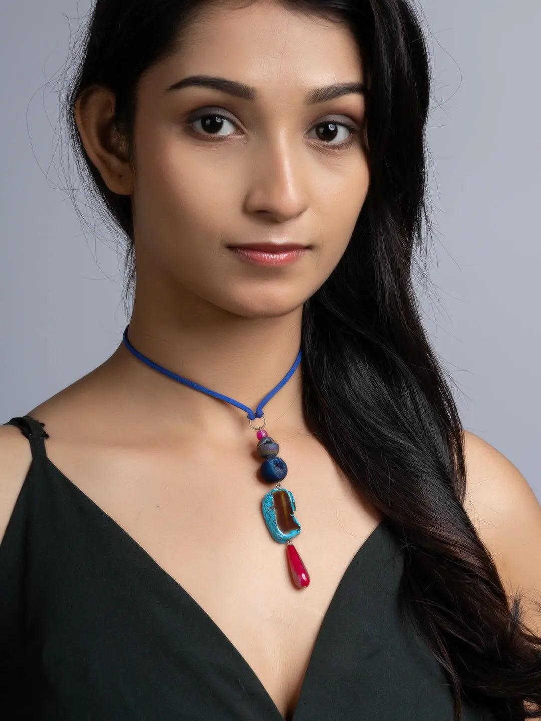 Pink Blue Druzy Onyx Agate  Sleek Necklace With Adjustable Suede Cord LOOK AND ADORN - designed for you
