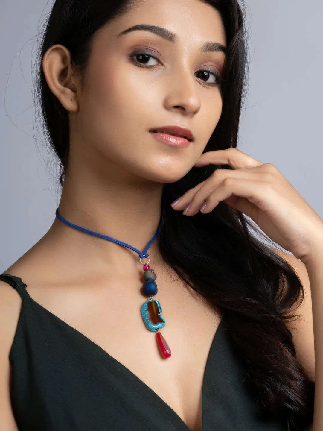 Pink Blue Druzy Onyx Agate  Sleek Necklace With Adjustable Suede Cord LOOK AND ADORN - designed for you