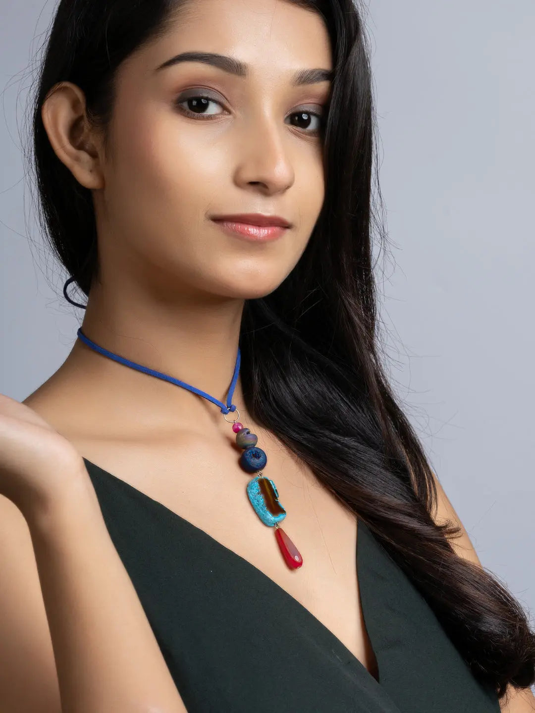 Pink Blue Druzy Onyx Agate  Sleek Necklace With Adjustable Suede Cord LOOK AND ADORN - designed for you