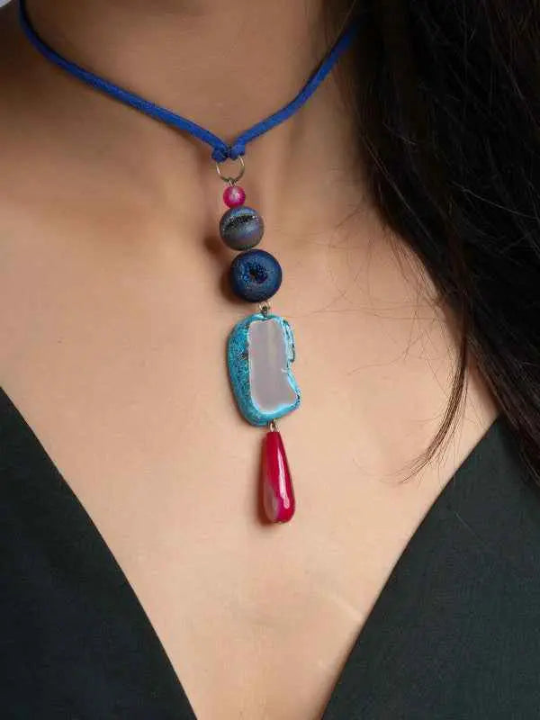 Pink Blue Druzy Onyx Agate  Sleek Necklace With Adjustable Suede Cord