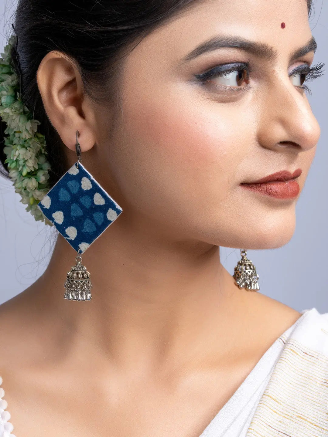 Indigo Blue Fabric Jhumka Earrings - Lookandadorn.com