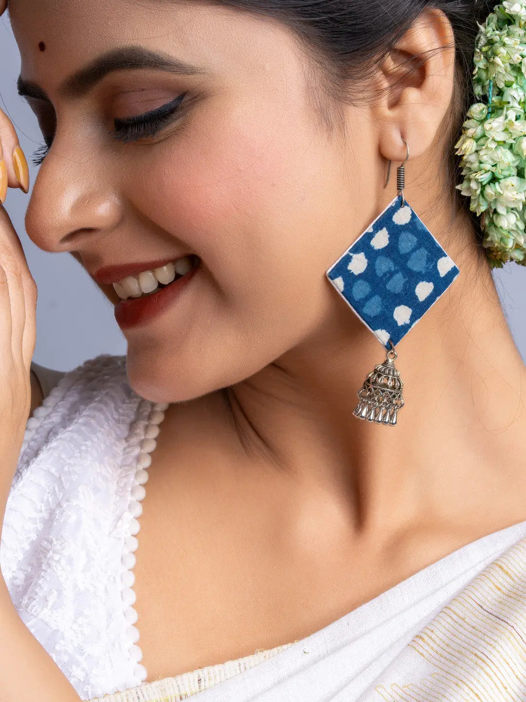 Indigo Blue Fabric Jhumka Earrings - Lookandadorn.com