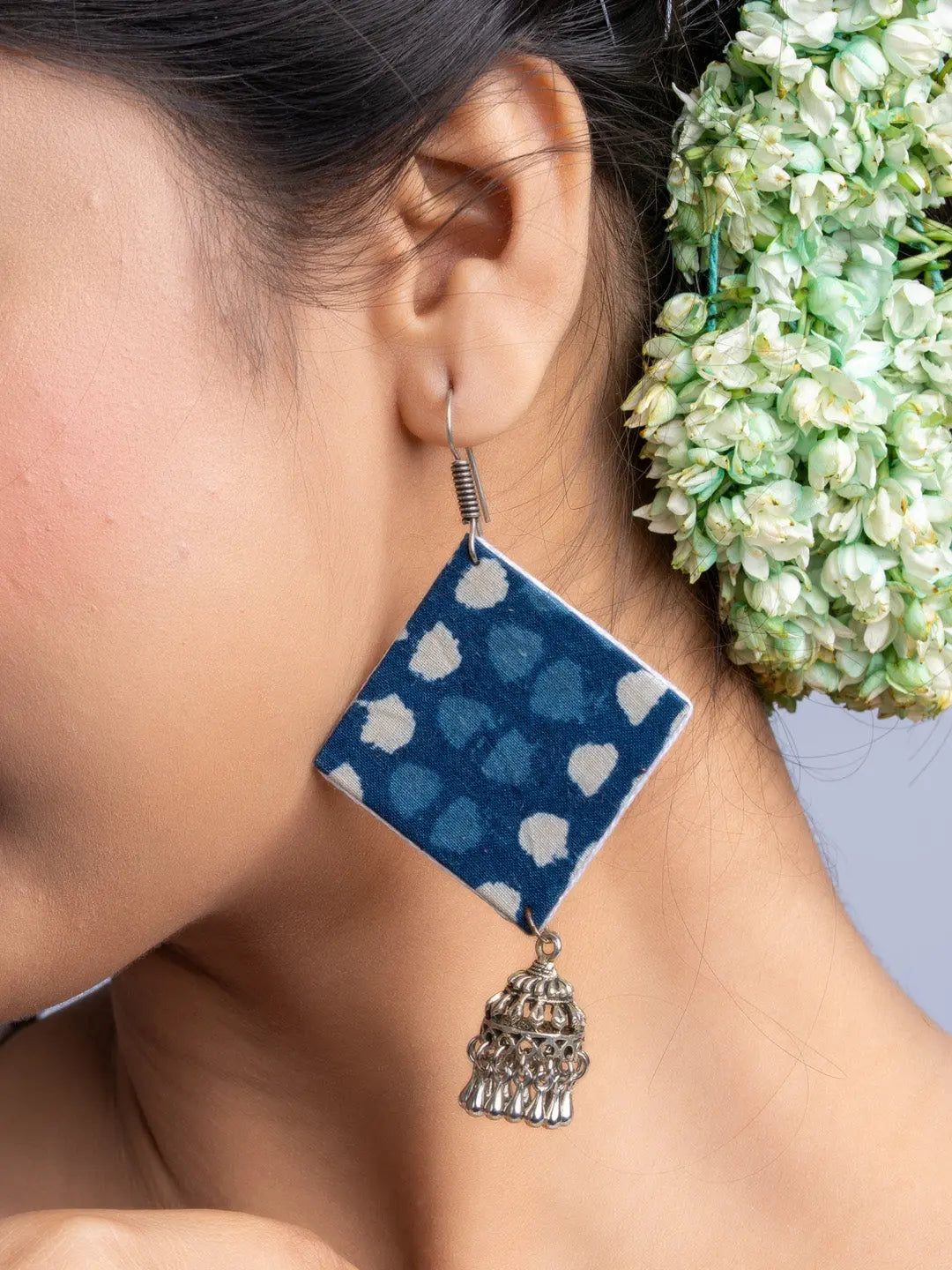 Indigo Blue Fabric Jhumka Earrings - Lookandadorn.com