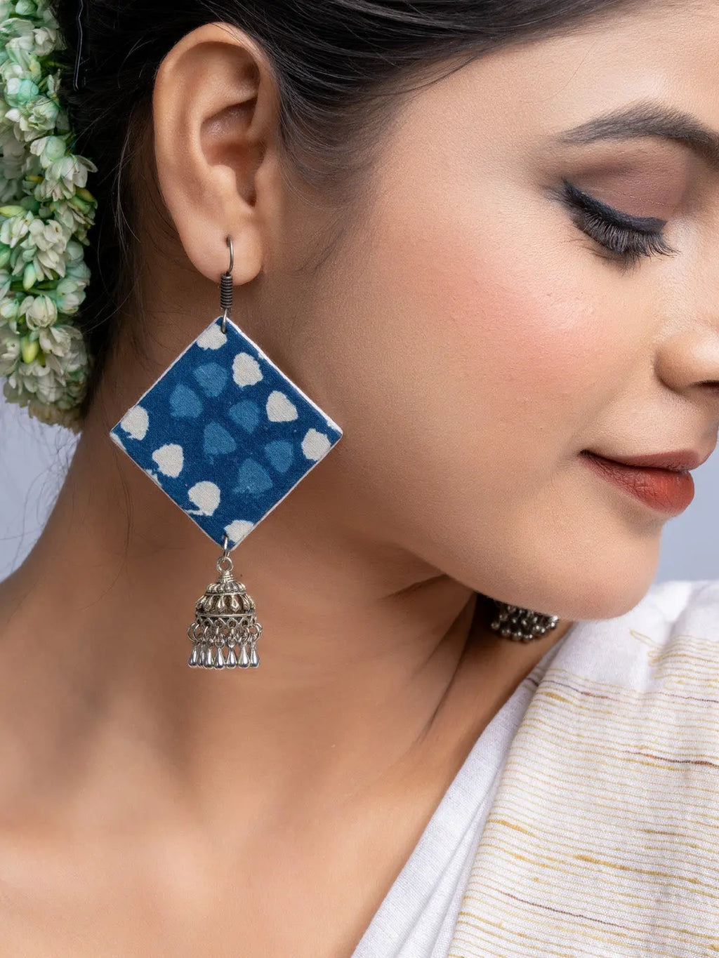 Indigo Blue Fabric Jhumka Earrings - Lookandadorn.com