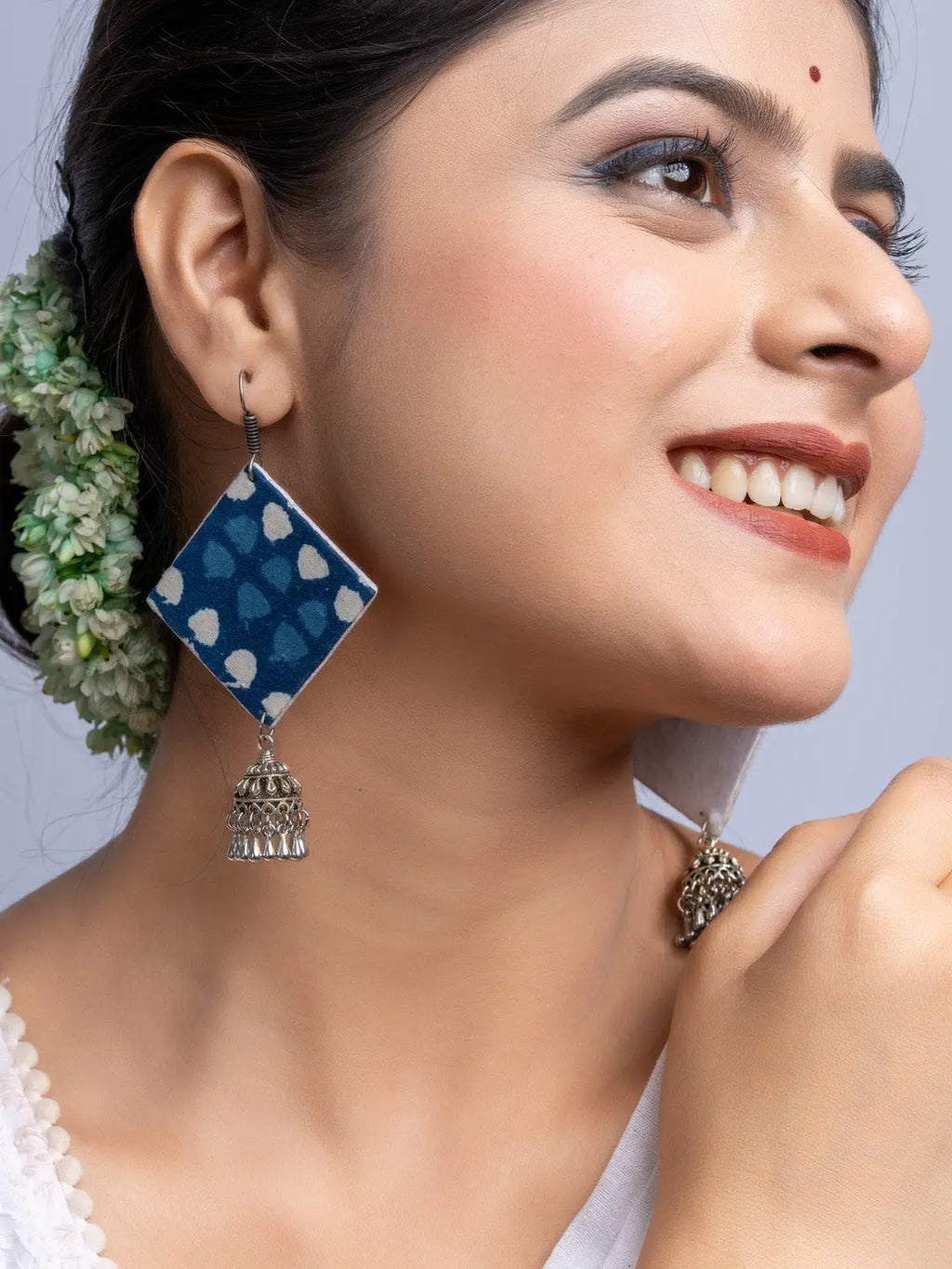Indigo Blue Fabric Jhumka Earrings - Lookandadorn.com
