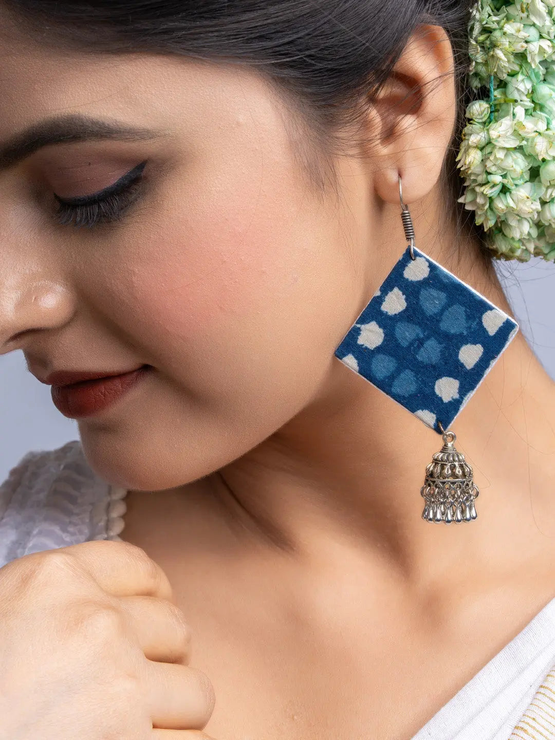 Indigo Blue Fabric Jhumka Earrings - Lookandadorn.com