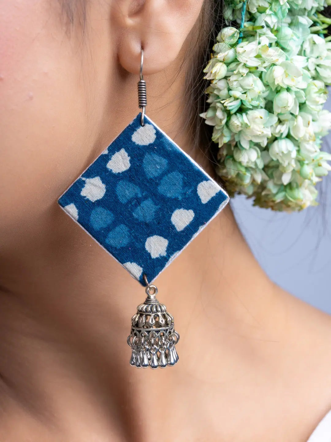 Indigo Blue Fabric Jhumka Earrings - Lookandadorn.com