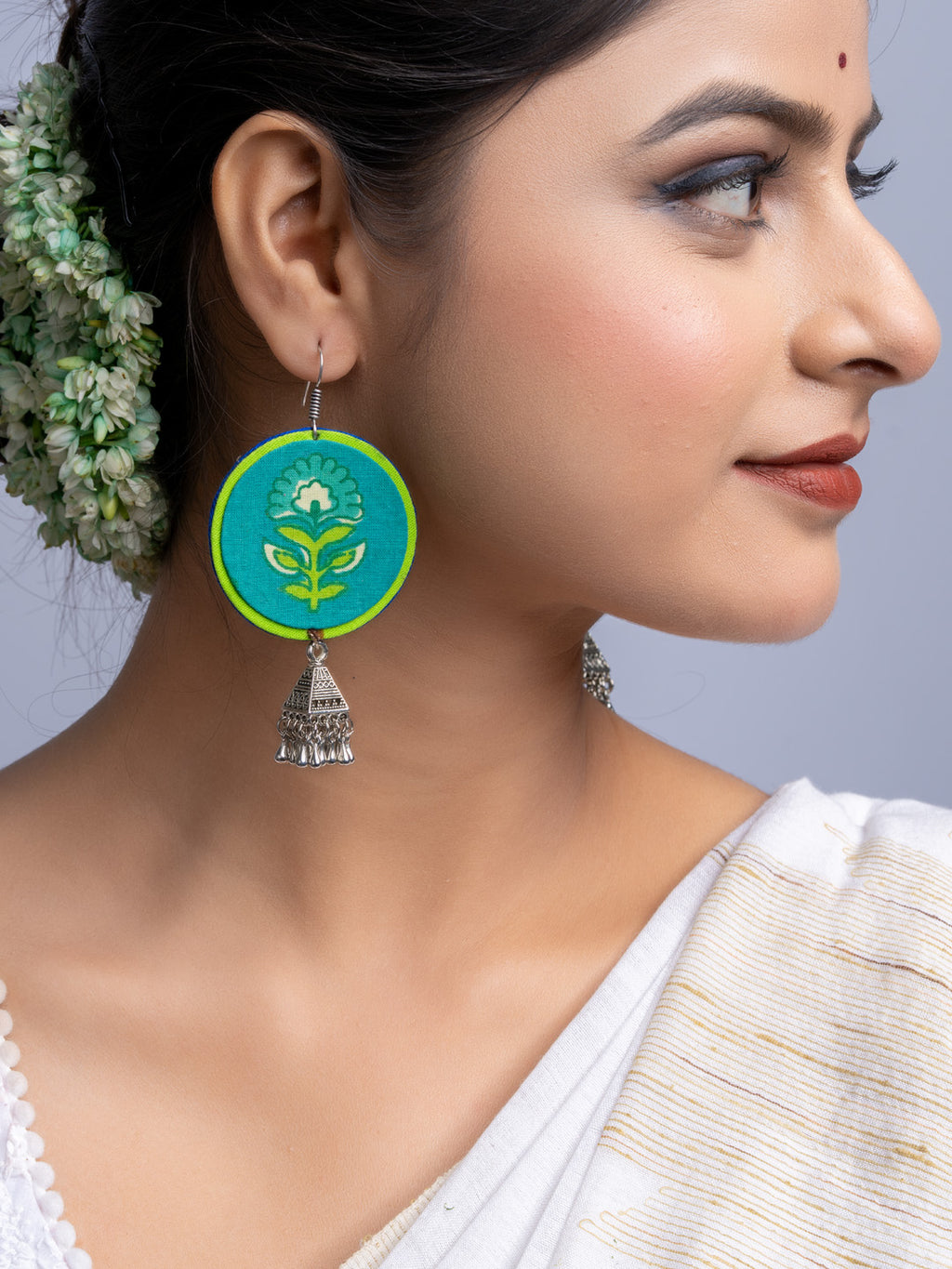 Teal Green Fabric German Silver Jhumka Earrings - Lookandadorn.com