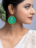 Teal Green Fabric German Silver Jhumka Earrings - Lookandadorn.com