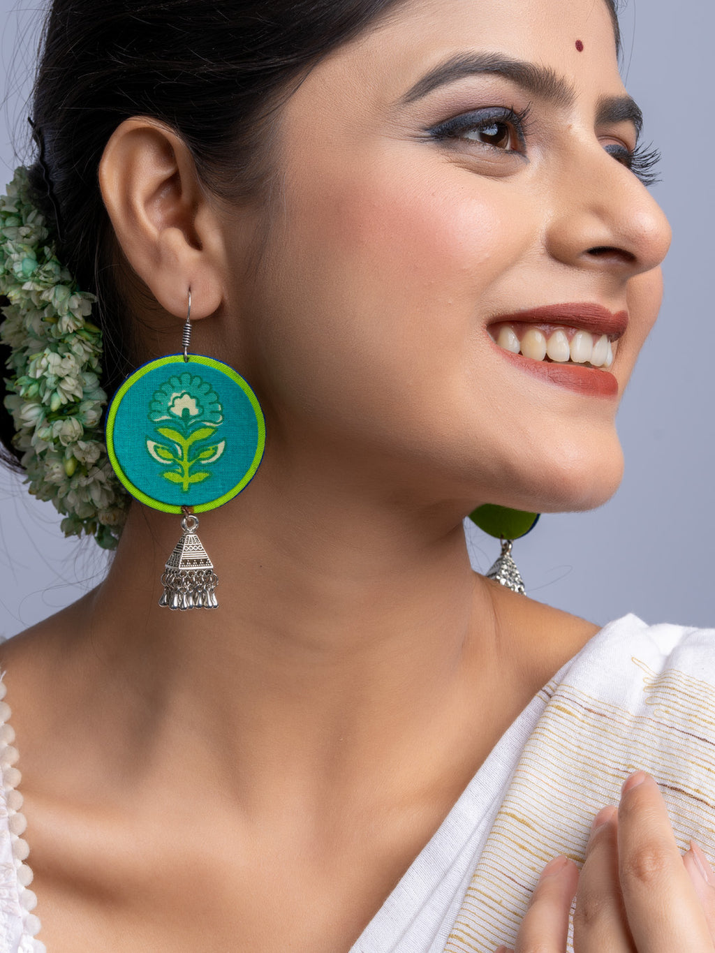 Teal Green Fabric German Silver Jhumka Earrings - Lookandadorn.com