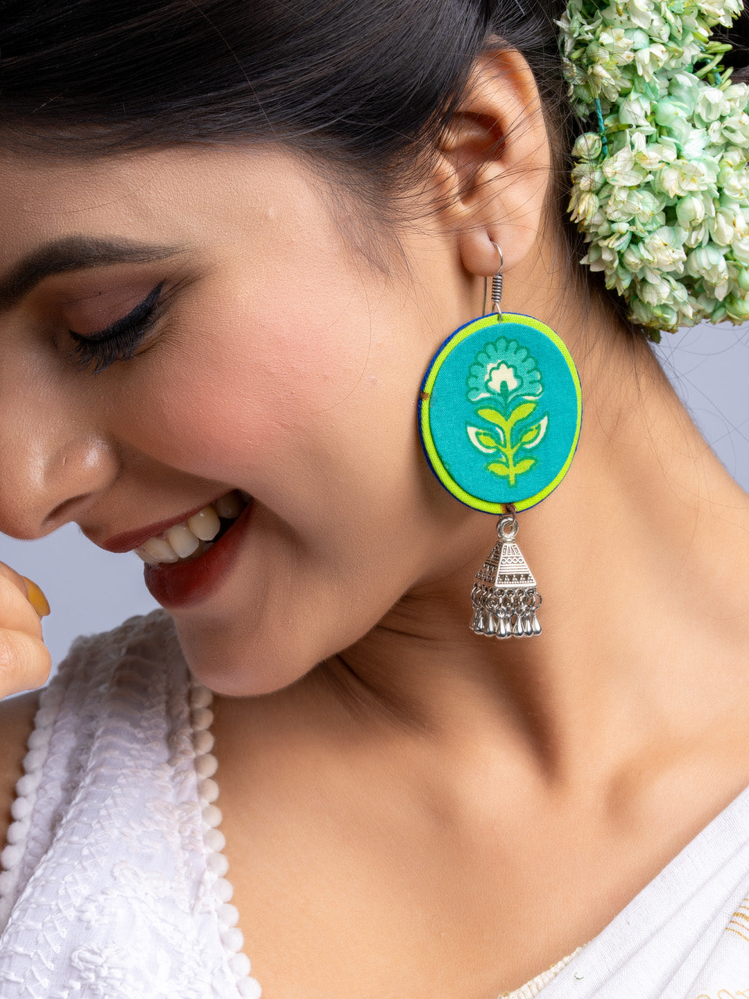 Teal Green Fabric German Silver Jhumka Earrings - Lookandadorn.com