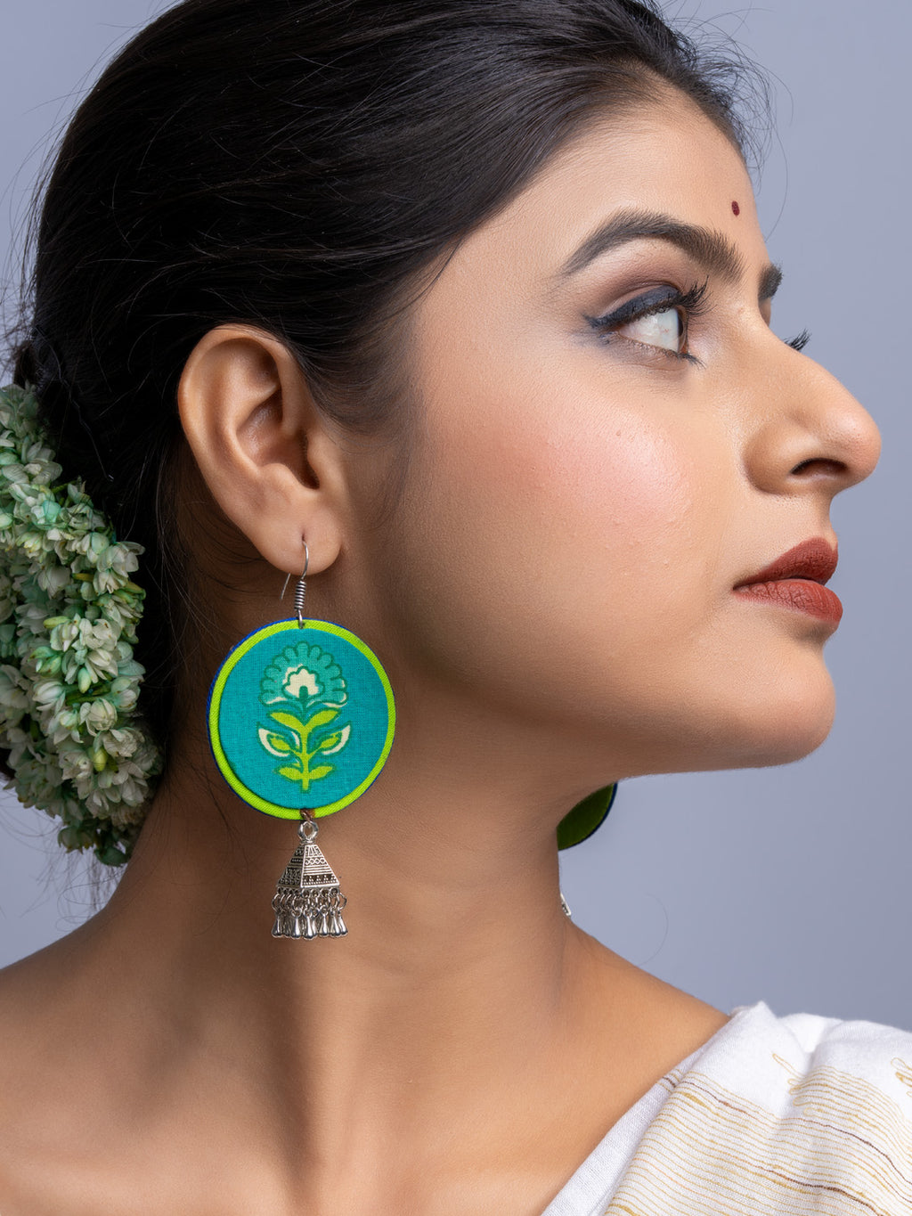 Teal Green Fabric German Silver Jhumka Earrings - Lookandadorn.com