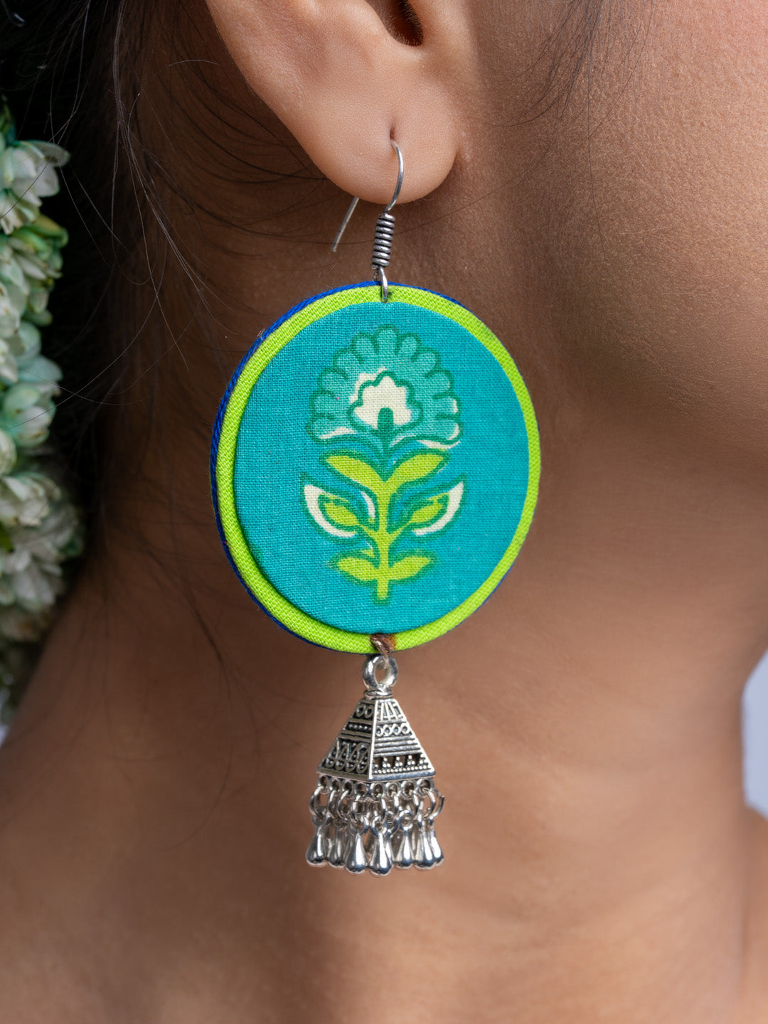 Teal Green Fabric German Silver Jhumka Earrings - Lookandadorn.com
