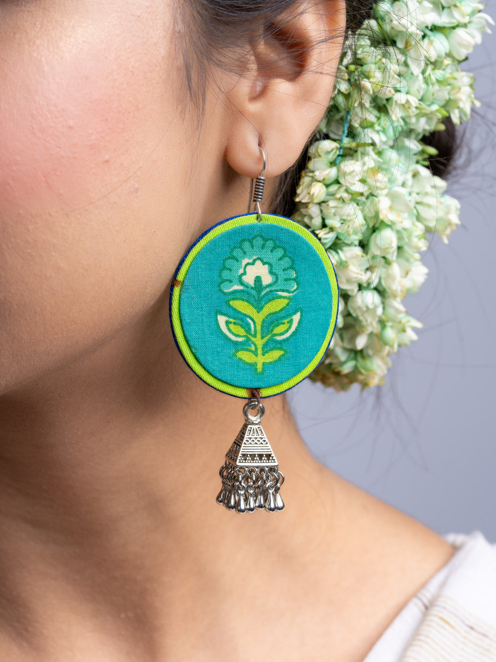 Teal Green Fabric German Silver Jhumka Earrings - Lookandadorn.com