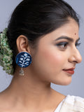 Indigo Blue Floral Fabric German Silver Stud Jhumka Earrings - Lookandadorn.com