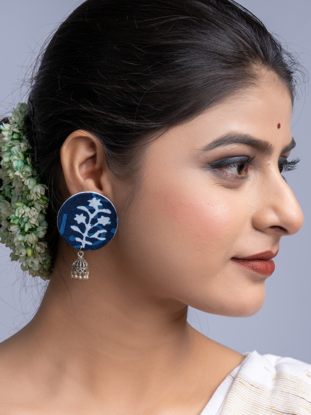 Indigo Blue Floral Fabric German Silver Stud Jhumka Earrings - Lookandadorn.com