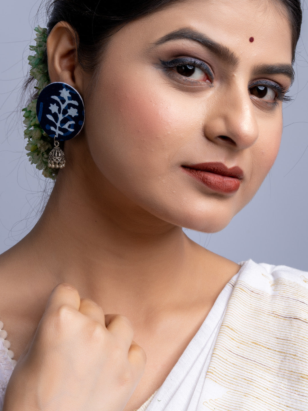 Indigo Blue Floral Fabric German Silver Stud Jhumka Earrings - Lookandadorn.com