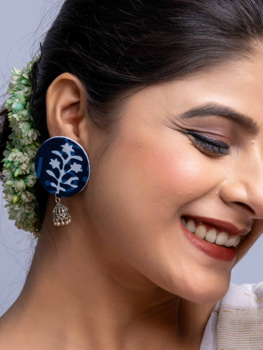 Indigo Blue Floral Fabric German Silver Stud Jhumka Earrings - Lookandadorn.com