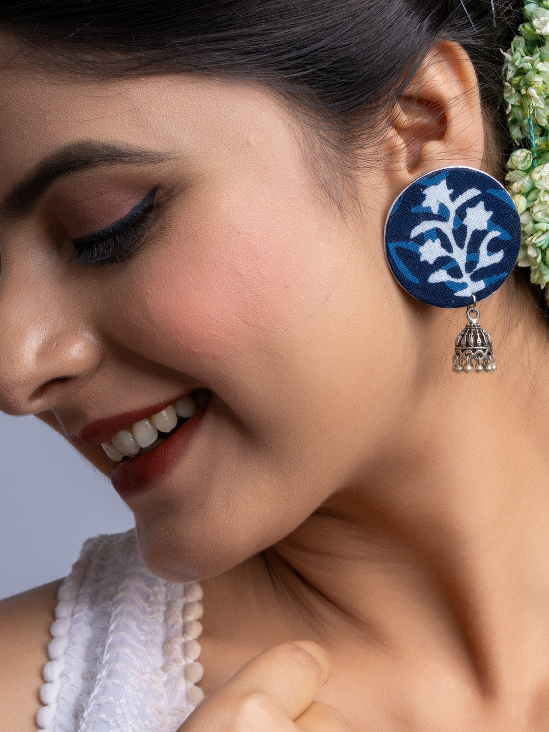 Indigo Blue Floral Fabric German Silver Stud Jhumka Earrings - Lookandadorn.com