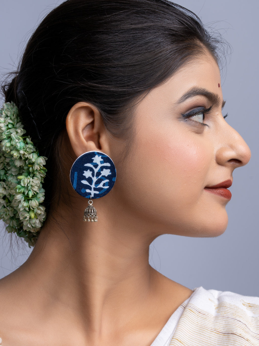 Indigo Blue Floral Fabric German Silver Stud Jhumka Earrings - Lookandadorn.com