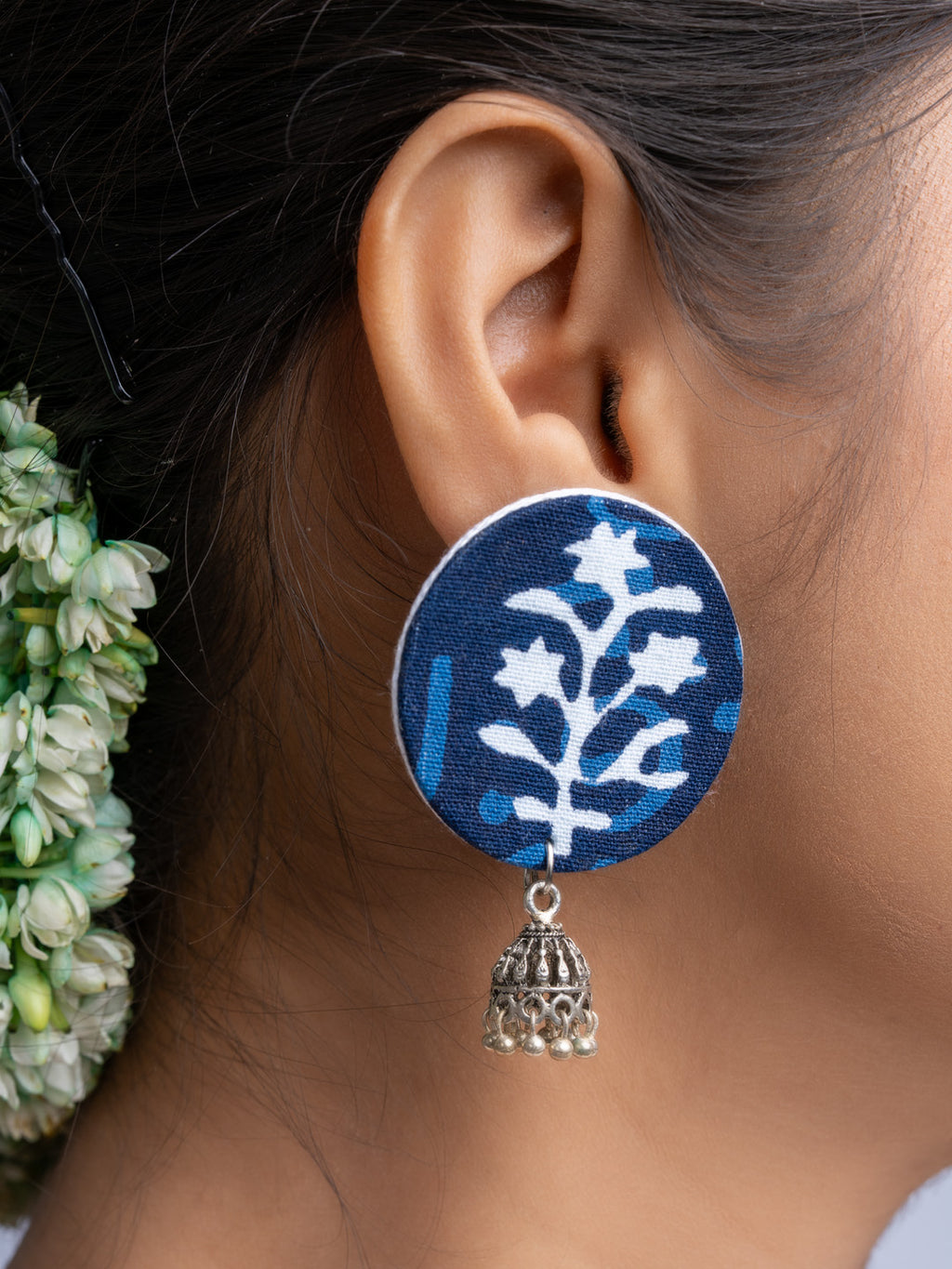 Indigo Blue Floral Fabric German Silver Stud Jhumka Earrings - Lookandadorn.com