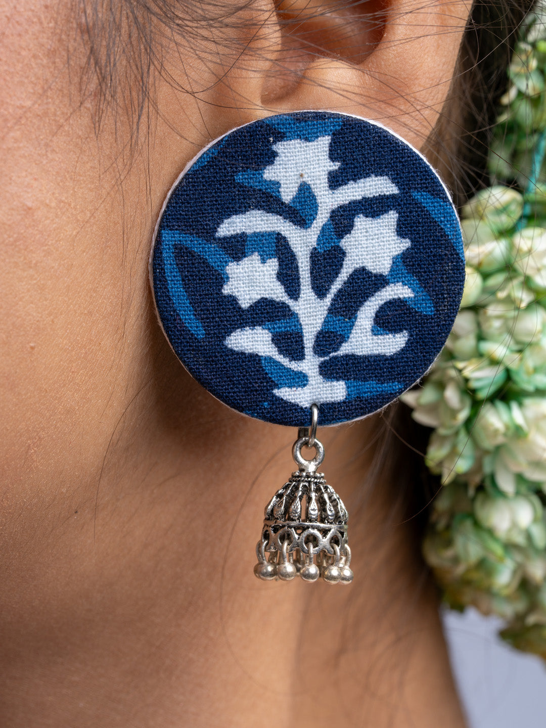 Indigo Blue Floral Fabric German Silver Stud Jhumka Earrings - Lookandadorn.com