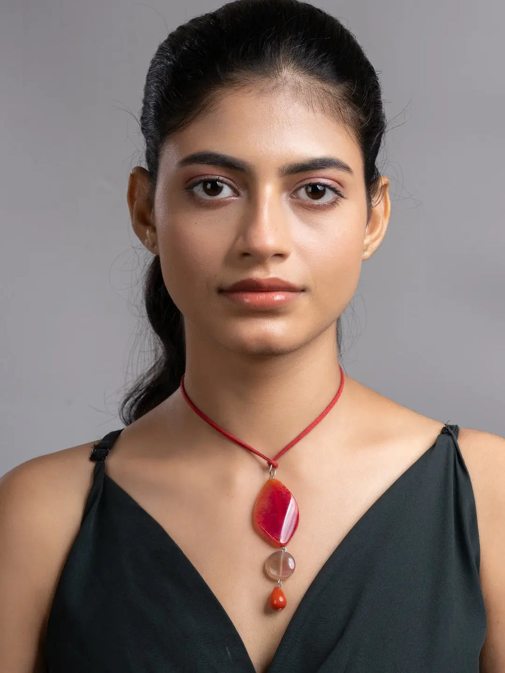 Pink Brown Onyx Agate  Sleek Necklace With Adjustable Suede Cord LOOK AND ADORN - designed for you