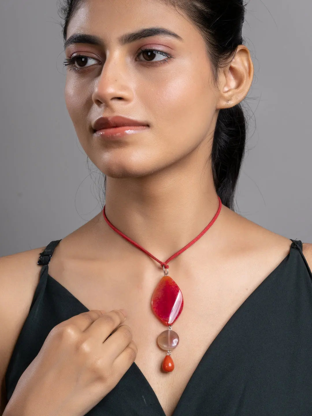 Pink Brown Onyx Agate  Sleek Necklace With Adjustable Suede Cord LOOK AND ADORN - designed for you