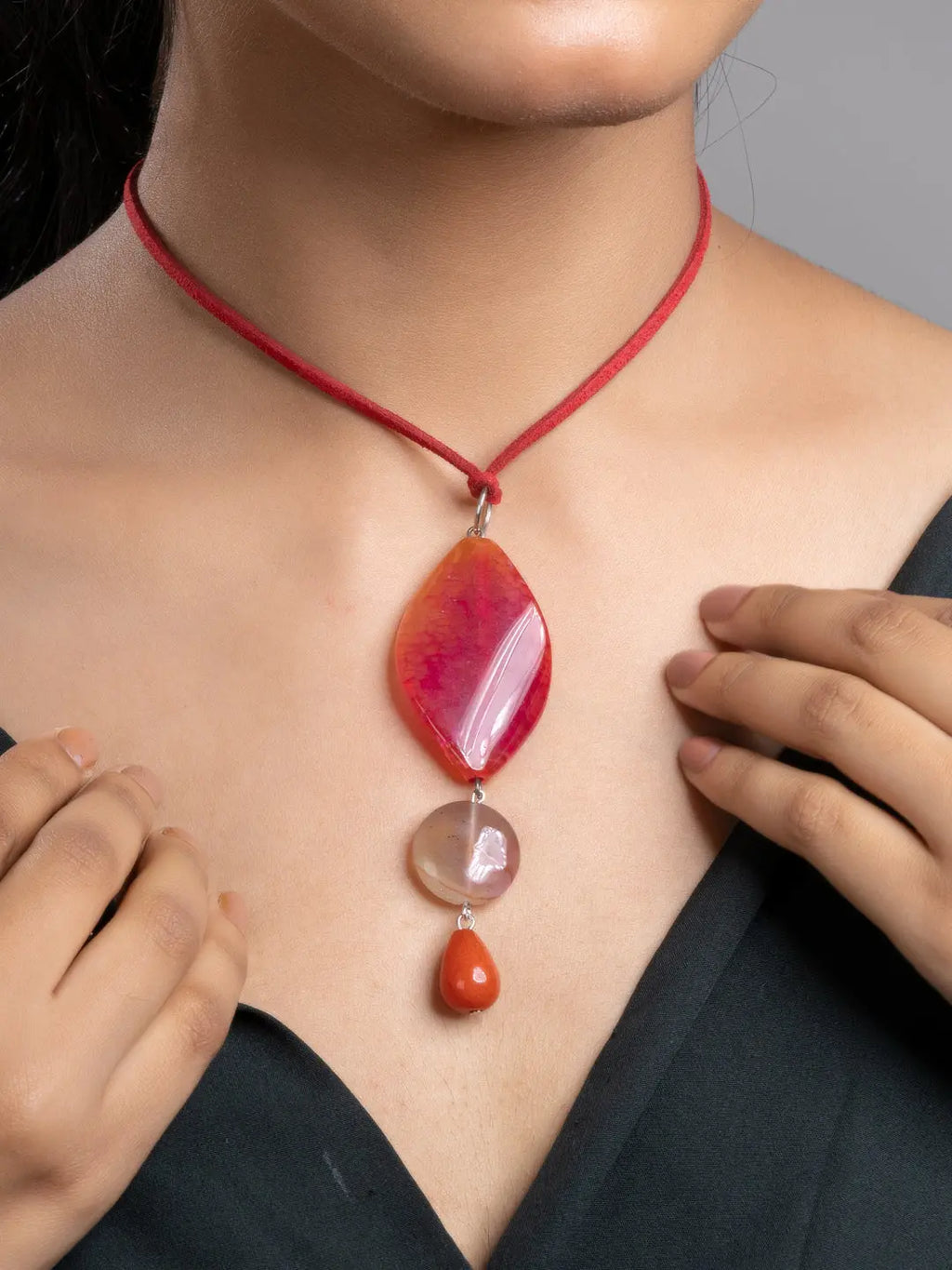 Pink Brown Onyx Agate  Sleek Necklace With Adjustable Suede Cord LOOK AND ADORN - designed for you