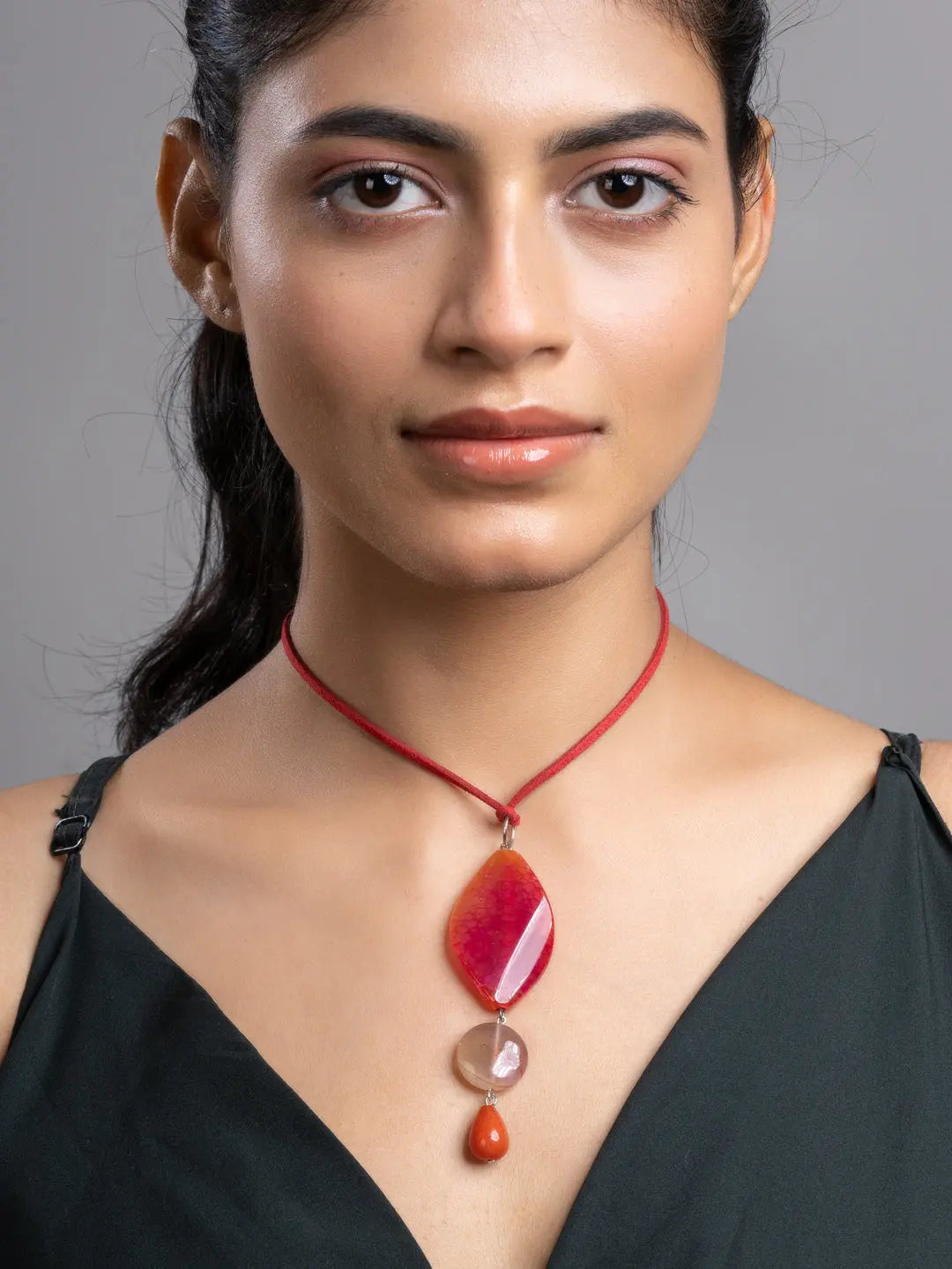 Pink Brown Onyx Agate  Sleek Necklace With Adjustable Suede Cord LOOK AND ADORN - designed for you
