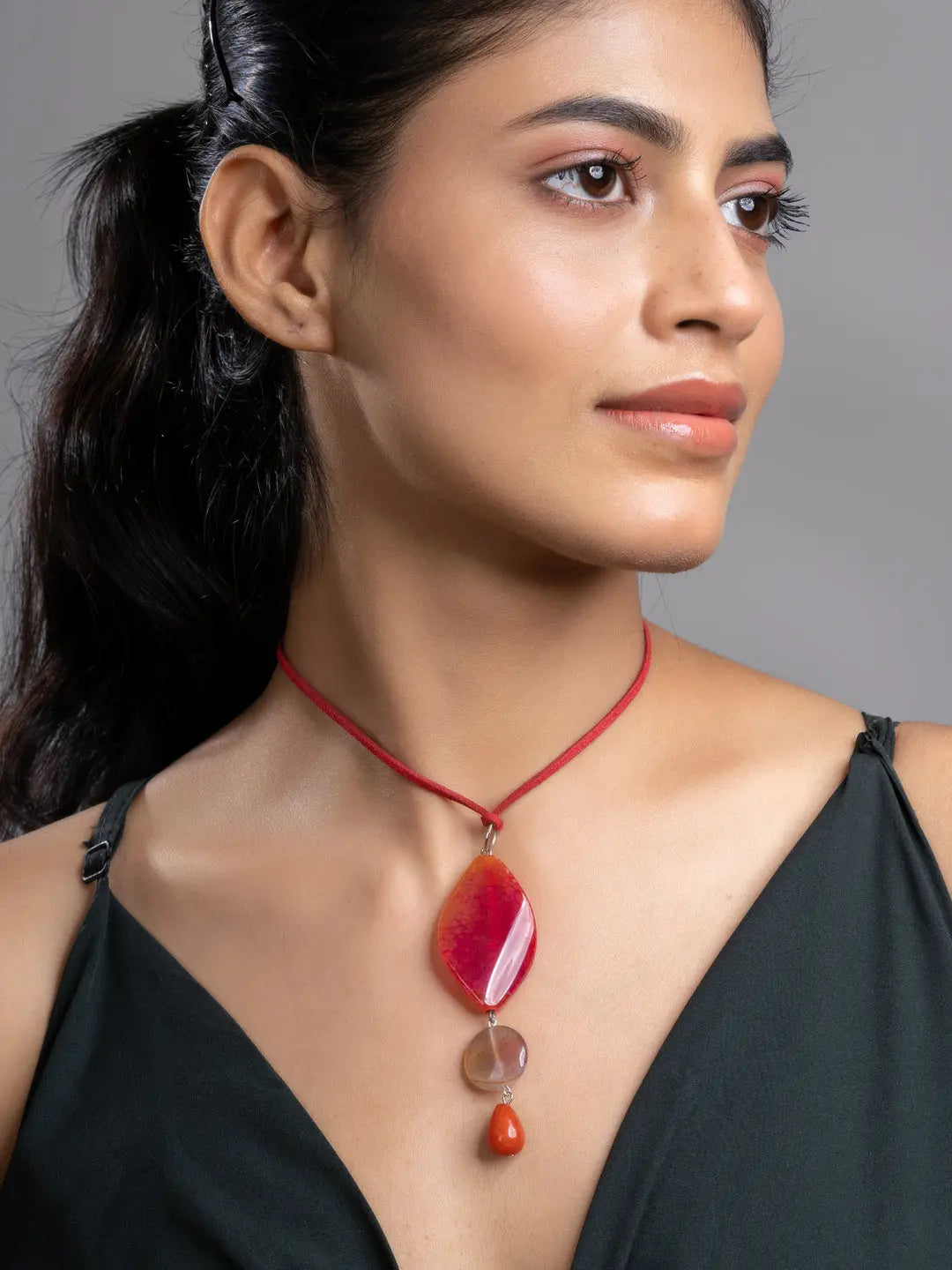 Pink Brown Onyx Agate  Sleek Necklace With Adjustable Suede Cord LOOK AND ADORN - designed for you