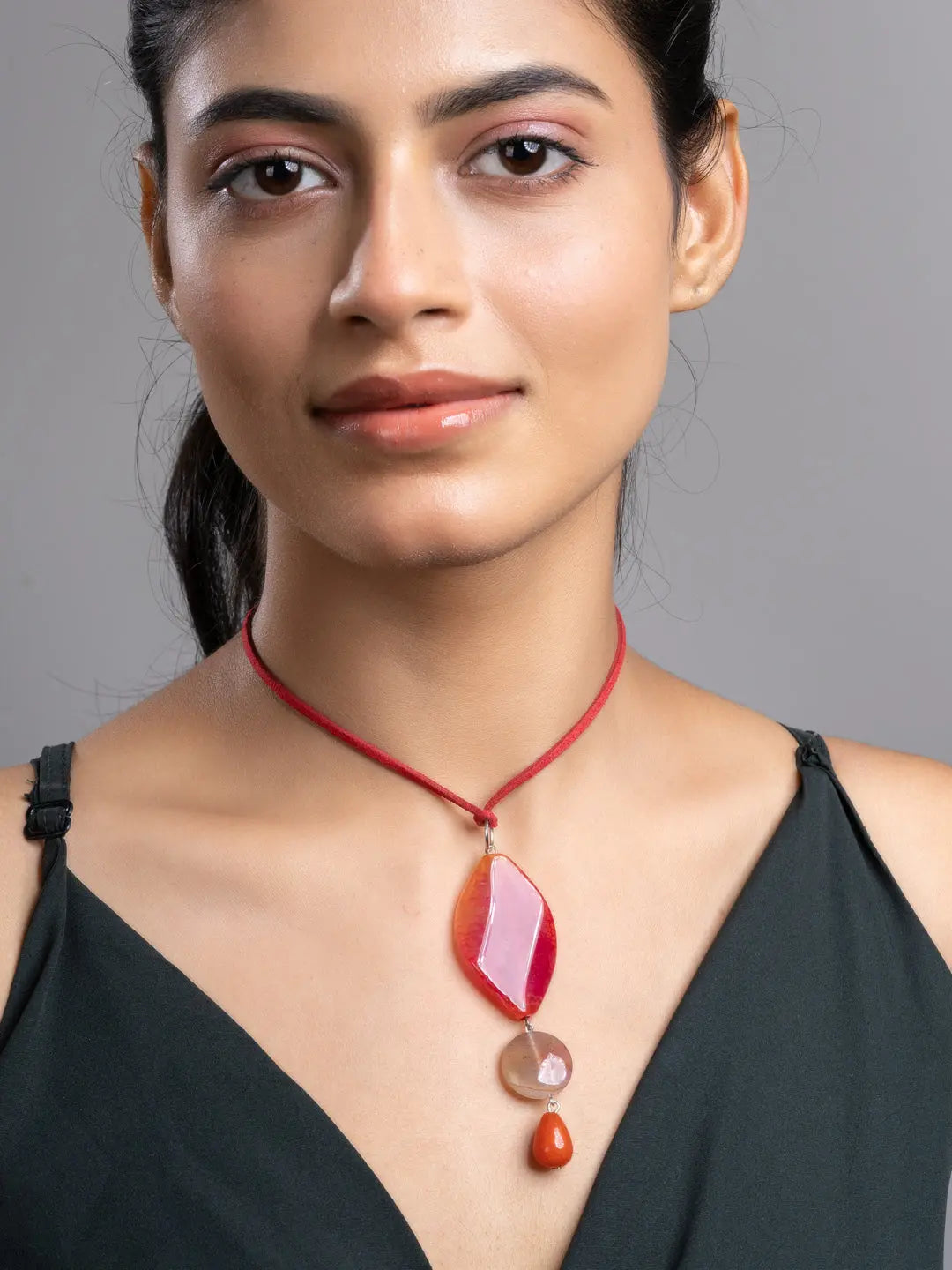 Pink Brown Onyx Agate  Sleek Necklace With Adjustable Suede Cord LOOK AND ADORN - designed for you