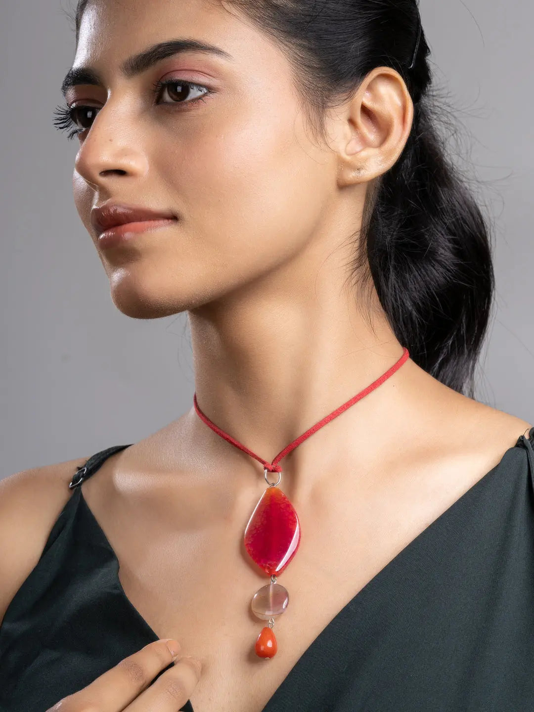Pink Brown Onyx Agate  Sleek Necklace With Adjustable Suede Cord LOOK AND ADORN - designed for you