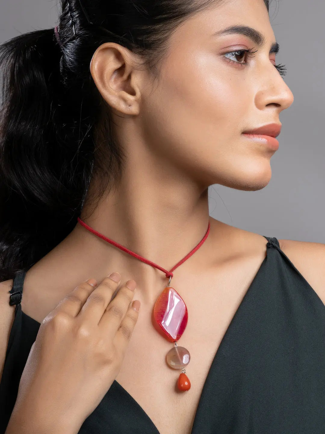 Pink Brown Onyx Agate  Sleek Necklace With Adjustable Suede Cord LOOK AND ADORN - designed for you