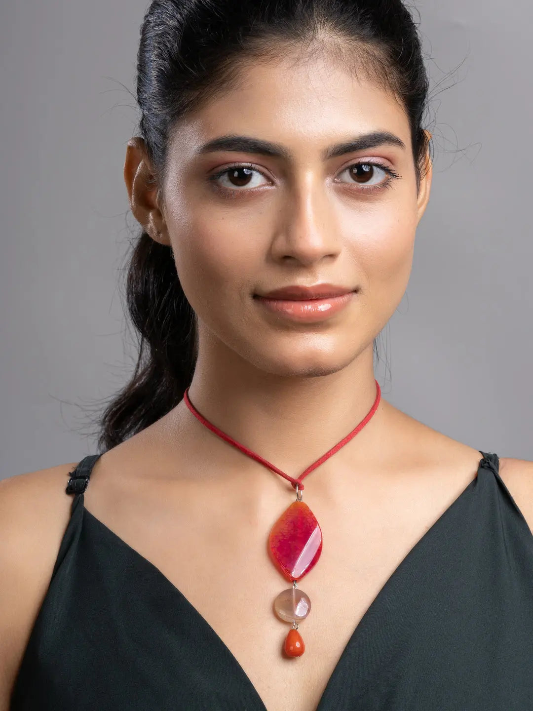 Pink Brown Onyx Agate  Sleek Necklace With Adjustable Suede Cord LOOK AND ADORN - designed for you