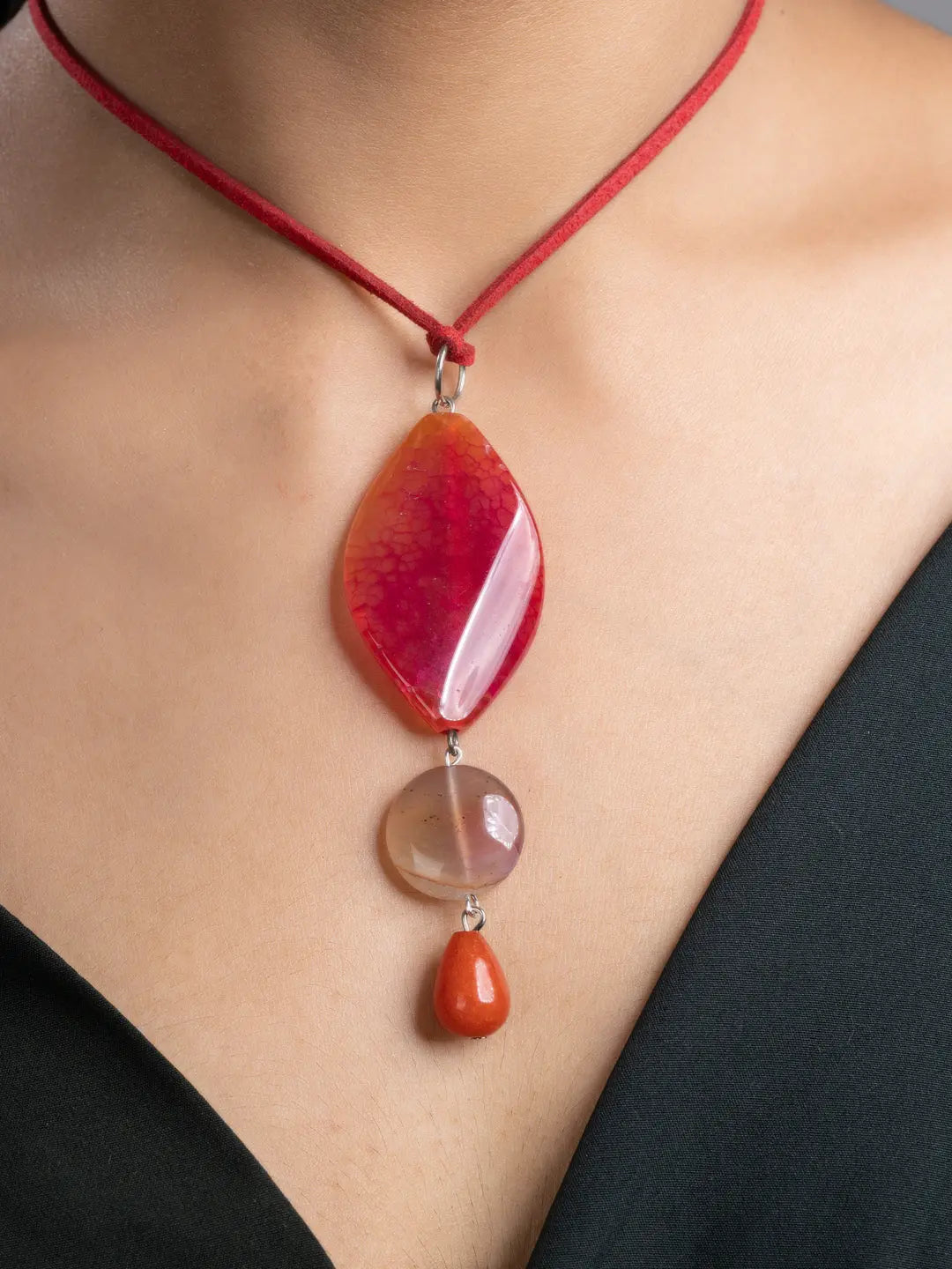 Pink Brown Onyx Agate  Sleek Necklace With Adjustable Suede Cord LOOK AND ADORN - designed for you