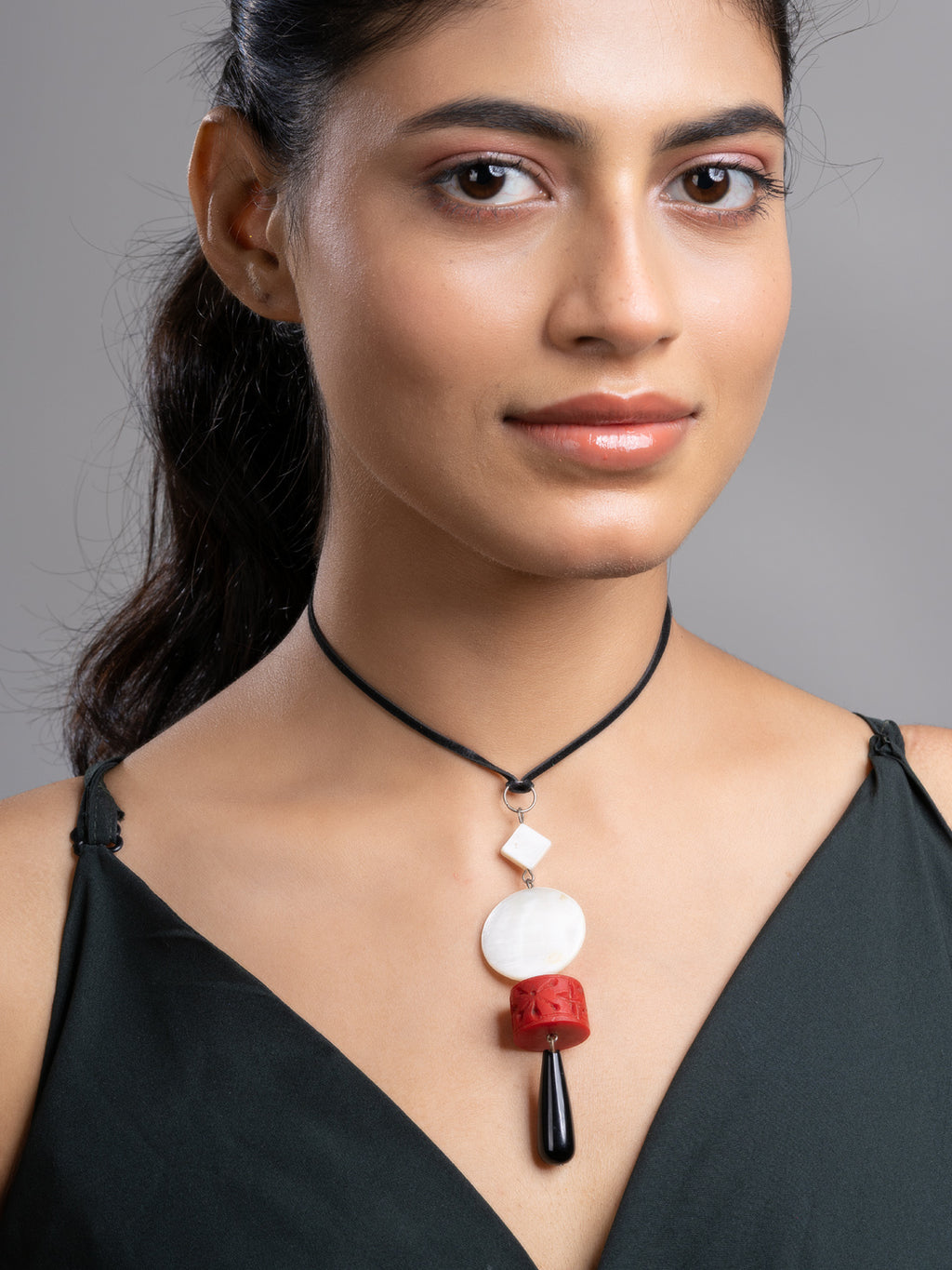 White Red Black Onyx Agate Mother Of Pearl Sleek Necklace With Adjustable Suede Cord