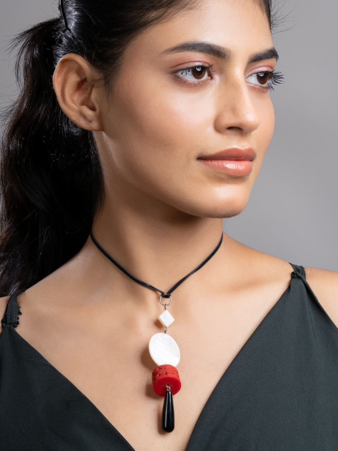 White Red Black Onyx Agate Mother Of Pearl Sleek Necklace With Adjustable Suede Cord