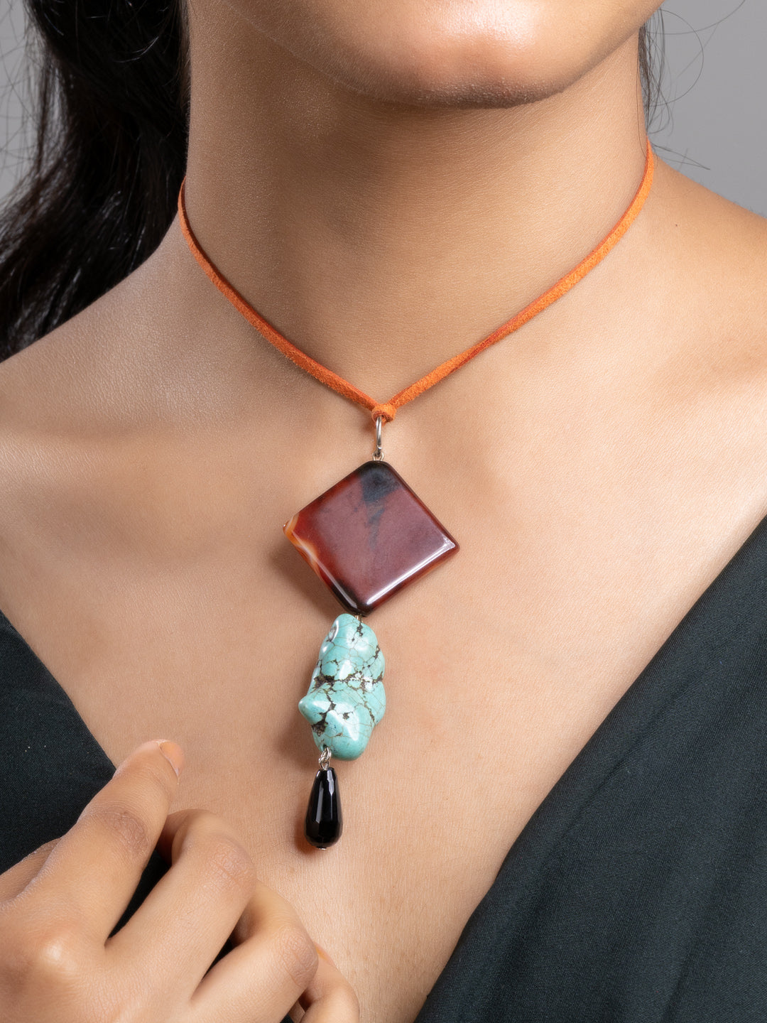 Brown Black Turquoise Onyx Sleek Necklace With Adjustable Suede Cord