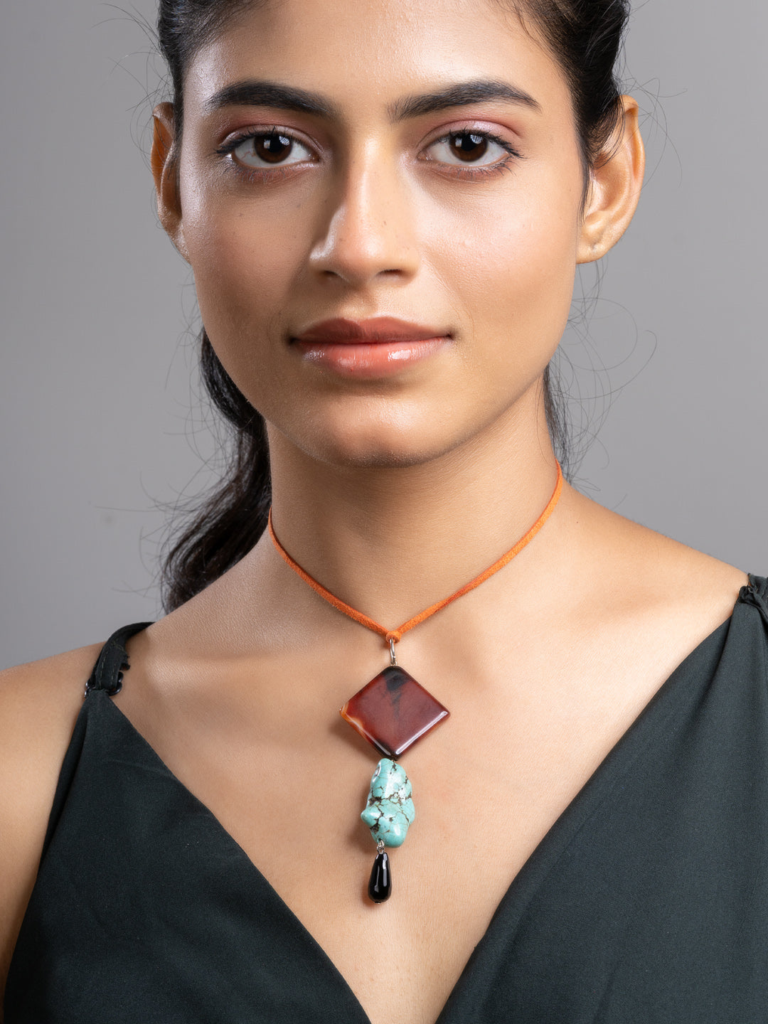 Brown Black Turquoise Onyx Sleek Necklace With Adjustable Suede Cord