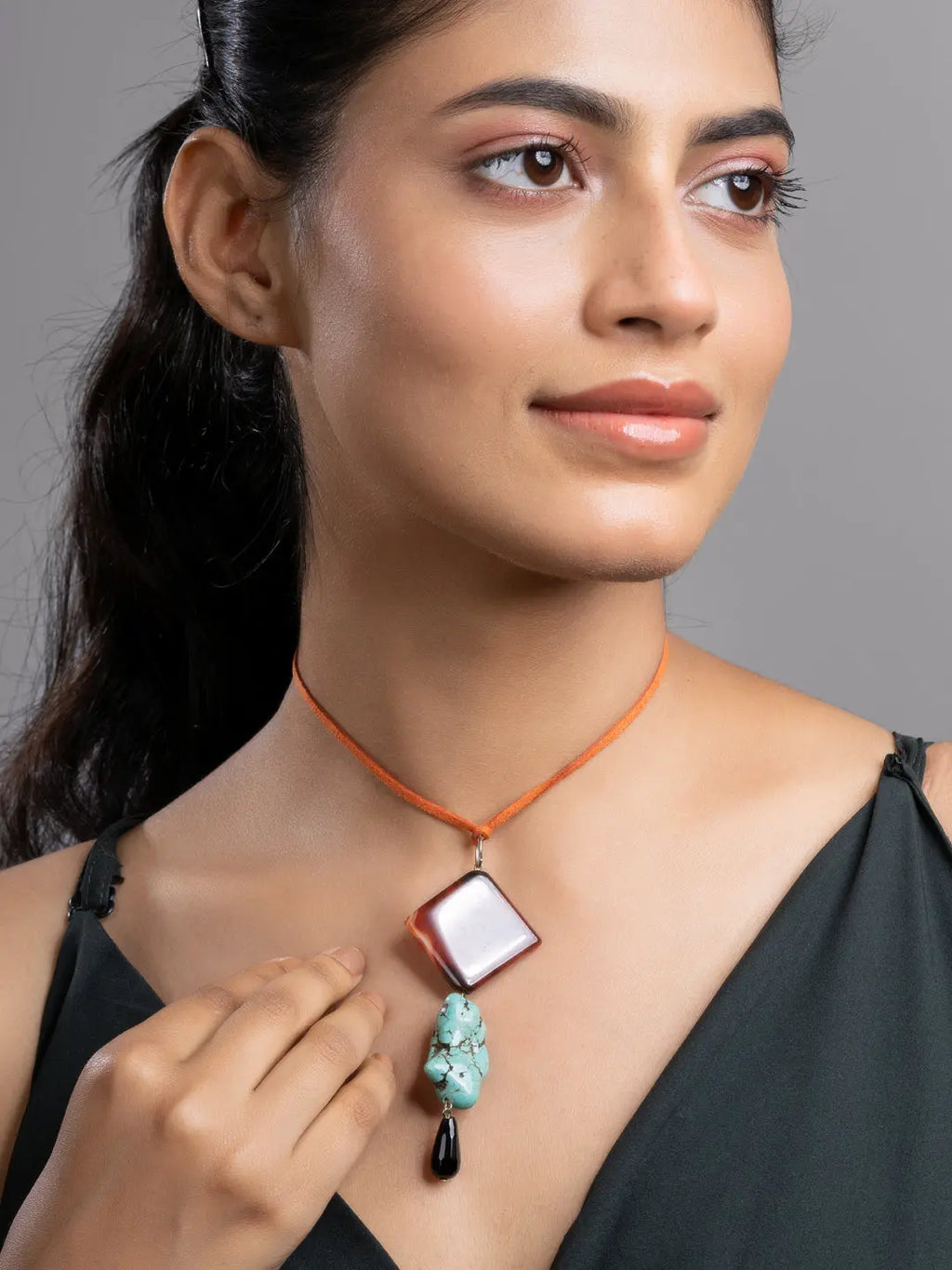 Brown Black Turquoise Onyx Sleek Necklace With Adjustable Suede Cord LOOK AND ADORN - designed for you
