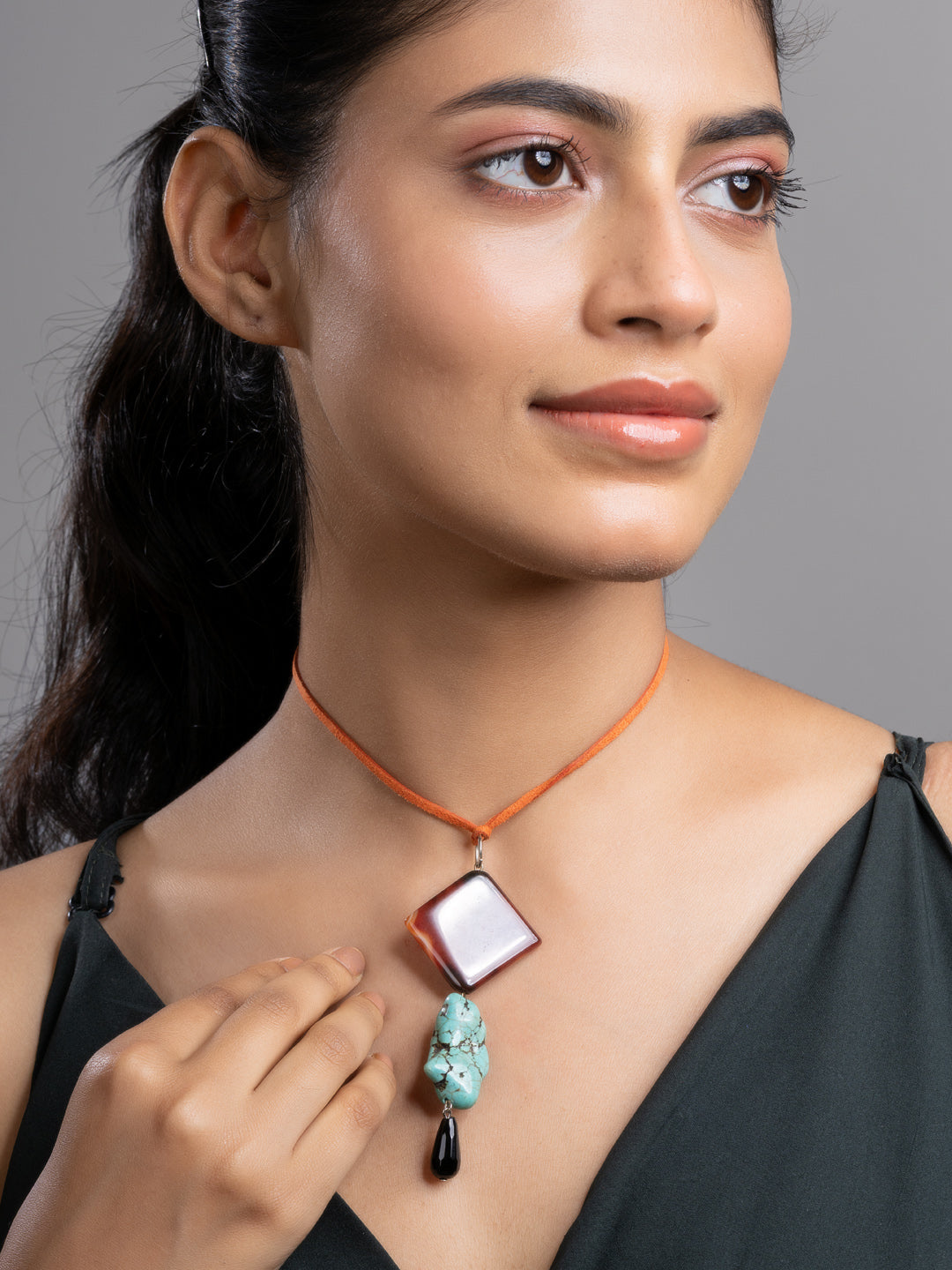 Brown Black Turquoise Onyx Sleek Necklace With Adjustable Suede Cord