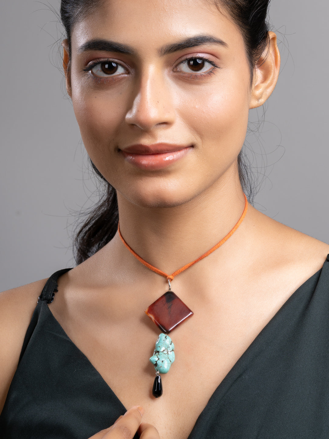 Brown Black Turquoise Onyx Sleek Necklace With Adjustable Suede Cord